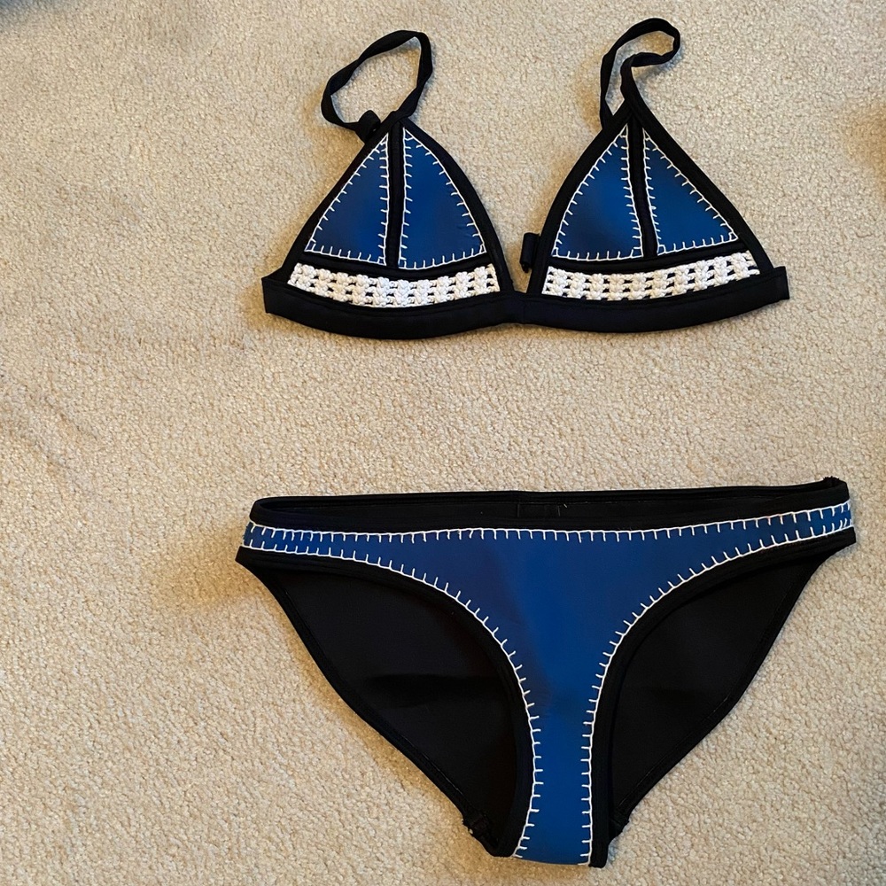 Blue Triangl Neoprene Bikini with Crochet Detail